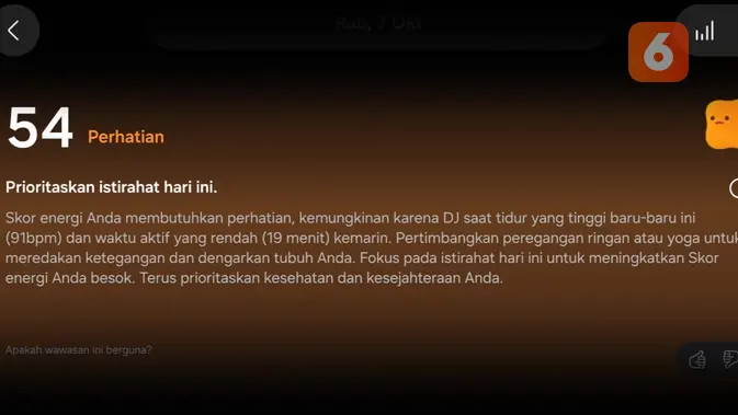 Energy Score pada Samsung Health. Liputan6.com/M Yudha Pratama.