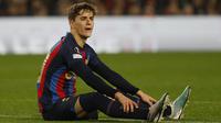 Ekspresi pemain Barcelona, Gavi dalam pertandingan leg pertama play-off fase knockout Liga Europa 2022/2023 melawan Manchester United yang digelar di Stadion Spotify Camp Nou, Jumat (17/2/2023) dini hari WIB. (AP Photo/Joan Monfort)