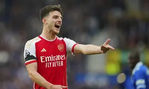 Ekspresi Declan Rice, pemain Arsenal, pada pertandingan Liga Inggris di markas Everton, Goodison Park, Minggu, 17 September 2023. (AP Photo/Jon Super)