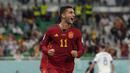 Penyerang Spanyol, Ferran Torres melakukan berselebrasi setelah mencetak gol pembuka ke gawang Kosta Rika pada pertandingan grup E Piala Dunia 2022 Qatar di Stadion Al Thumama di Doha, Qatar, Rabu (23/11/2022). Spanyol menang atas Kosta Rika dengan skor. (AP Photo/Alessandra Tarantino)