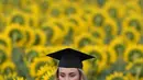 Seorang wanita mengenakan topi kelulusan saat dia berpose untuk foto di ladang bunga matahari di Grinter Farms, dekat Lawrence, Kansas (6/9/2021). Ladang, yang ditanam setiap tahun oleh keluarga Grinter, menarik ribuan pengunjung selama akhir pekan musim panas saat bunga matahari mekar. (AP Photo/Ch