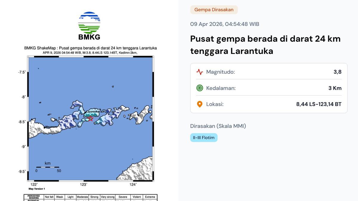 Gempa Hari Ini Kamis 9 April 2026, Dua Kali Getarkan Larantuka NTT