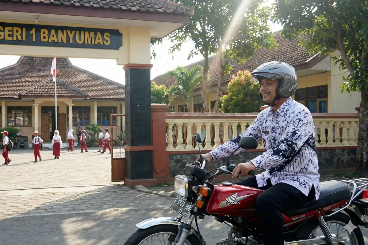 Ilustrasi Pak Guru Mengendarai Sepeda Motor Honda Win 100