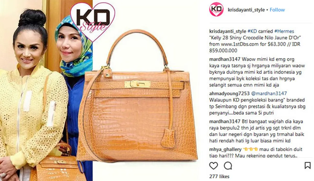 Tas bernilai ratusan juta rupiah sepertinya bukan hal aneh untuk seorang Krisdayanti. Namun untuk yang satu ini bisa dibilang sangat mengagetkan, yakni bernilai hampir satu milyar, tepatnya Rp 859.000.000. (Instagram/krisdayanti_style)