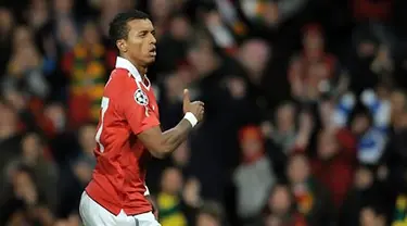 Kegembiraan Nani yang menjadi pencetak gol tunggal kemenangan Manchester United atas Bursaspor pada ajang Liga Champions di Old Trafford, 20 Oktober 2010. AFP PHOTO/ANDREW YATES