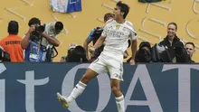 Gonzalo Garcia merayakan gol pembuka untuk Real Madrid dalam laga babak 16 besar Piala Dunia Antarklub melawan Juventus di Miami Gardens, Florida,&nbsp;Rabu (2/7/2025). (AP Photo/Lynne Sladky)