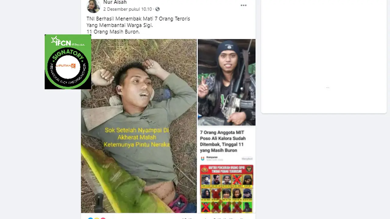 Cek Fakta Liputan6.com menelusuri klaim foto teroris Sigi yang mati ditembak