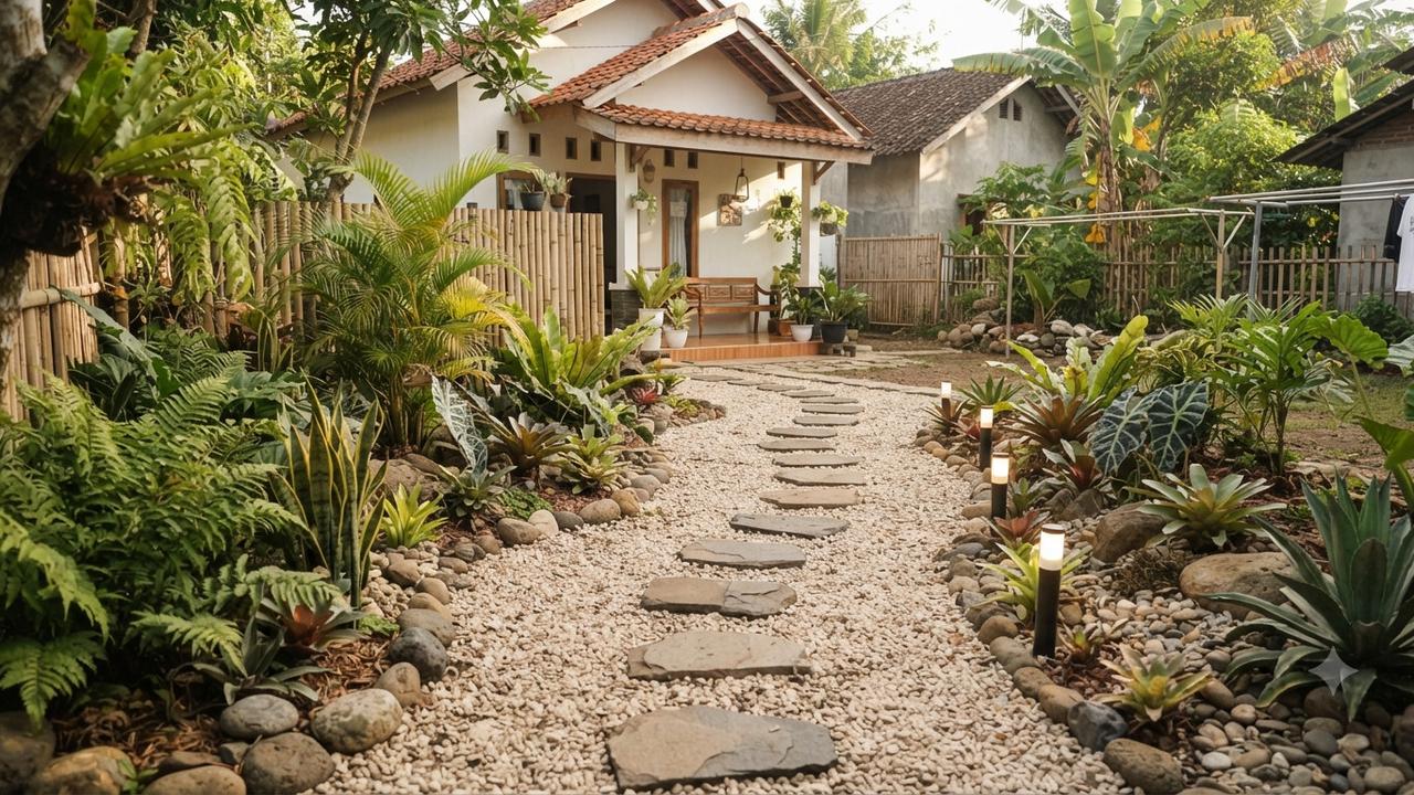 Gaya taman kering estetik ala resort di rumah mungil jadi ekslusif model tanaman kering dengan jalur pijakan batu
