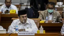 Menteri Agama Fachrul Razi saat Rapat Kerja dengan Komisi VIII DPR di Jakarta, Selasa (8/9/2020). Fachrul Razi menyatakan tidak tahu jika pernyataannya soal radikalisme masuk masjid melalui anak muda yang menguasai bahasa Arab dan good looking akan menjadi konsumsi publik. (Liputan6.com/Johan Tallo)