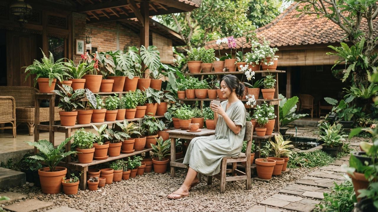 Ide taman yang tetap cantik meski tanpa rumput dan cocok untuk pemilik introvert model tanaman pot dengan susunan bertingkat