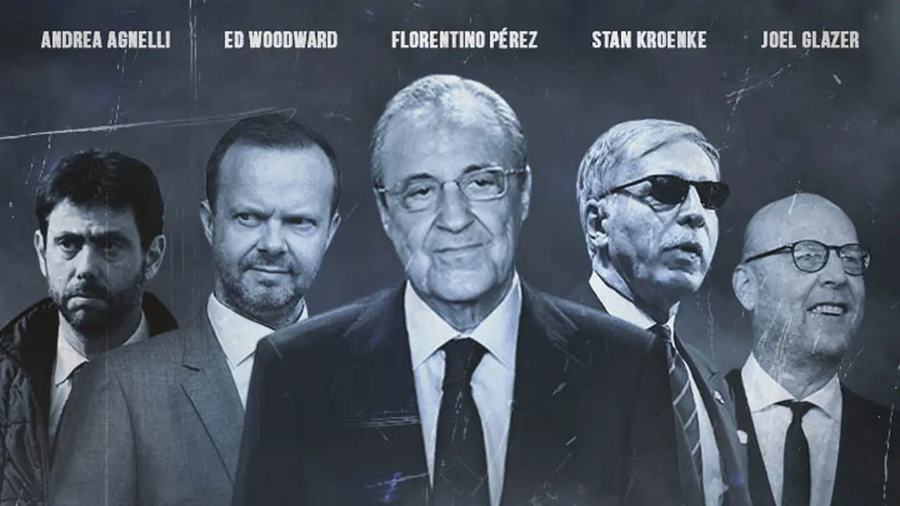 Ilustrasi - Andrea Agnelli, Ed Woodward, Florentino Perez, Stan Kroenke, Joel Glazer dan JP Morgan