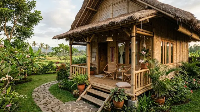 Model Rumah Bambu dengan Teras Nyaman