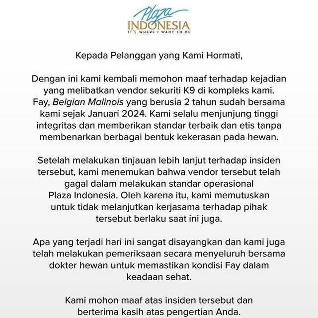 Permohonan maaf Plaza Indonesia