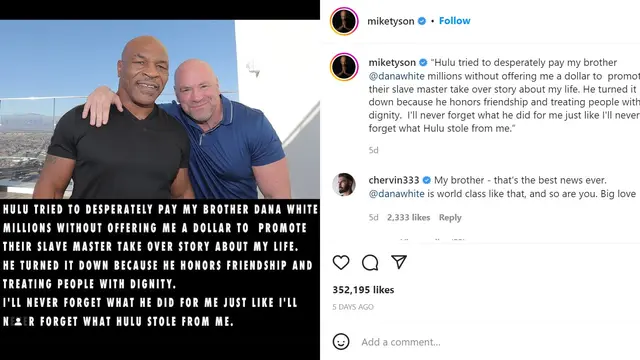 Unggahan Mike Tyson soal salah satu layanan streaming OTT yang hanya menghampiri Dana White saat hendak membuat serial tentang sang mantan petinju legendaris Amerika ini. (Instagram @miketyson)