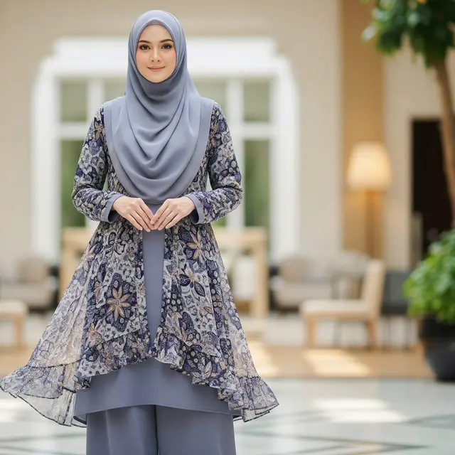 Model Gamis Batik Modern dengan Ruffle Minimalis di Bagian Hem