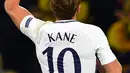 Pemain Tottenham Hotspur, Harry Kane berselebrasi setelah mencetak gol ke gawang Borussia Dortmund pada matchday kelima Liga champions Grup H di Stadion BVB, Selasa (21/11). Kane menyumbang satu gol dengan kemenangan 2-1. (John MACDOUGALL / AFP)