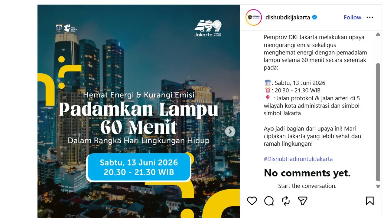 Dinas Perhubungan (Dishub) DKI Jakarta umumkan pemadaman lampu selama 60 menit atau 1 jam serentak pada Sabtu 13 Juni 2026.