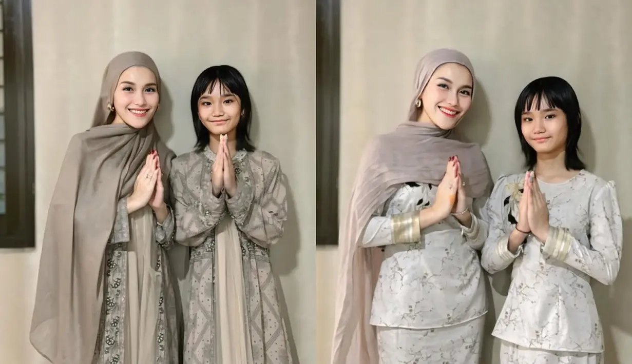 Ayu Ting-Ting dan Bilqis kenakan dua set baju Lebaran sekaligus. Sholat Ied mereka kenakan kebaya kurung dan rok panjang. Kemudian berganti jadi kaftan dress dan outer print [@ayutingting92]