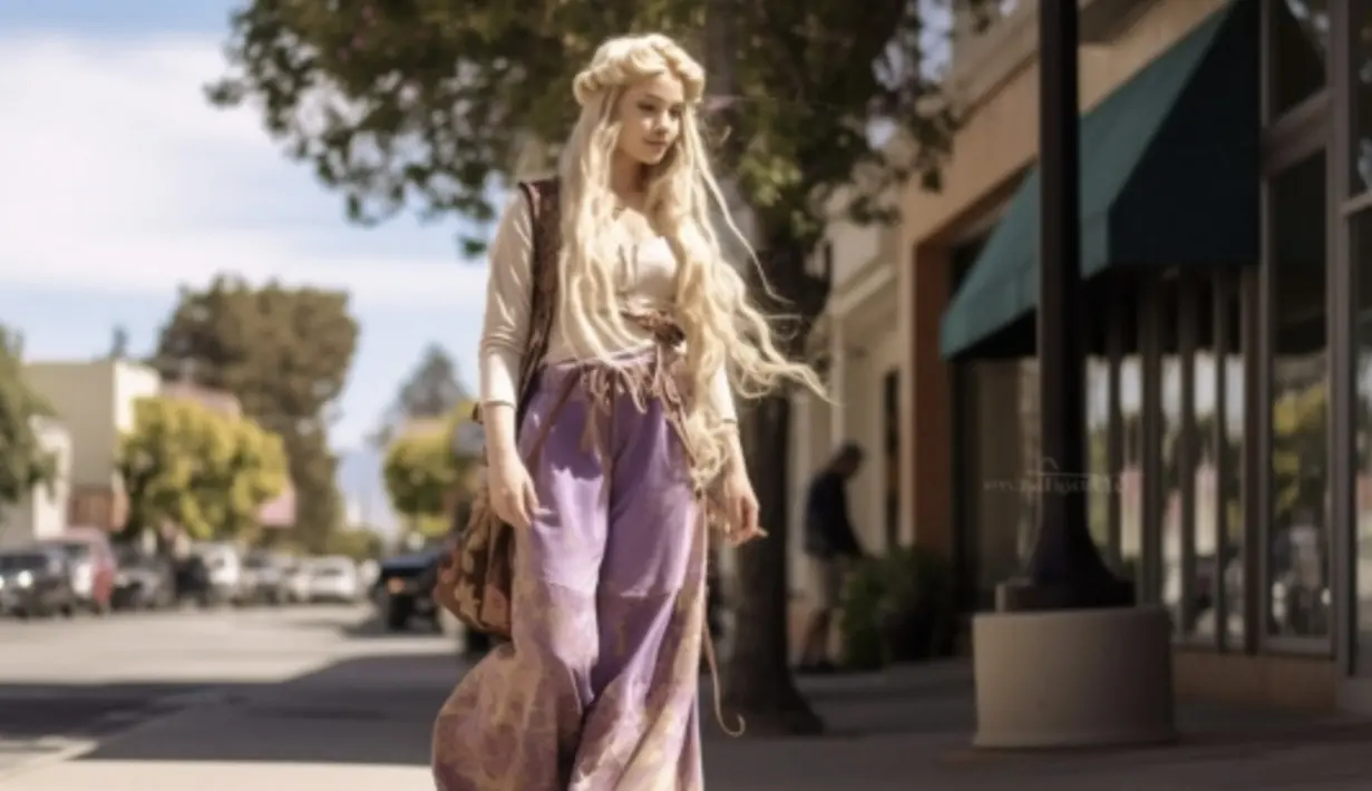 Rapunzel tampil dengan gaya bohemian yang khas. Rambut panjang dan baju ala gypsy membuat tampilannya begitu beda. [Foto: twitter.com/the_aeye]