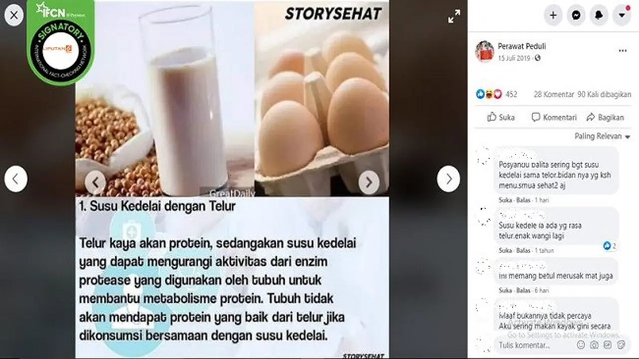 Gambar Tangkapan Layar Foto Beberapa Makanan yang Diklaim Dilarang Dimakan Bersamaan (sumber: Facebook)