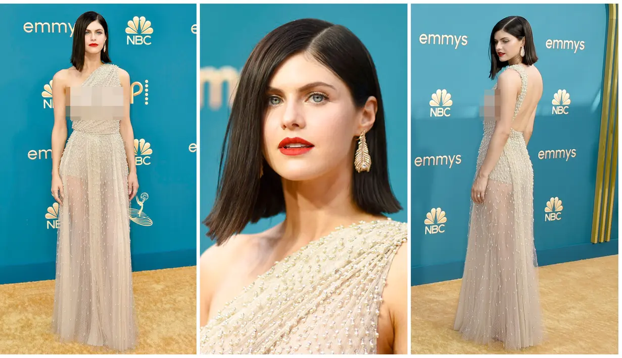 Foto kolase Alexandra Daddario saat tiba pada Primetime Emmy Awards 2022 di Microsoft Theater, Los Angeles, Amerika Serikat, 12 September 2022. Alexandra Daddario mengenakan gaun Dior saat tiba pada Primetime Emmy Awards 2022. (Photo by Richard Shotwell/Invision/AP)