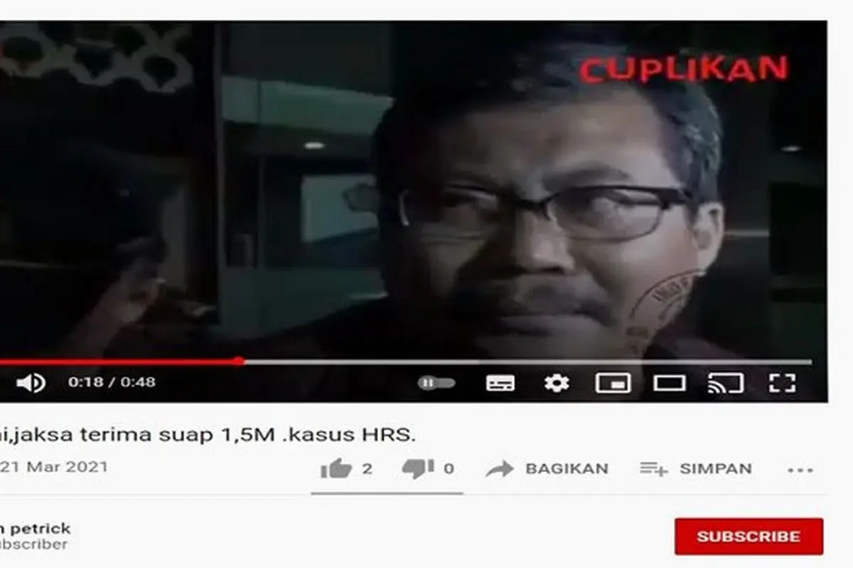 Gambar Tangkapan Layar Kabar tentang Jaksa Terima Suap Kasus Rizieq Shihab (sumber: YouTube)