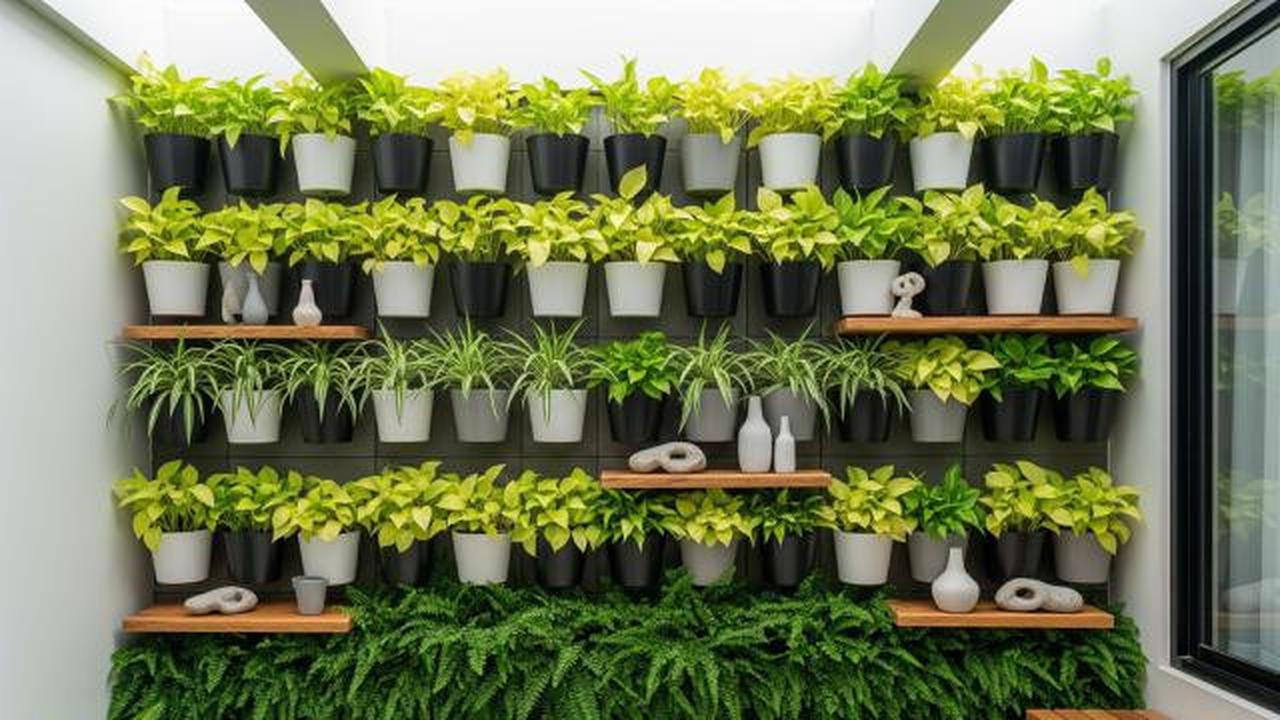 Dinding Hijau Vertikal dengan Pot Tempel Minimalis/Inspirasi Teras dengan Pot Gantung (Sumber: gemini.com)