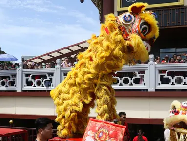 Pertunjukan barongsai saat puncak perayaan Cap Go Meh 2571 di Jalan Pancoran, Glodok, Tamansari, Jakarta Barat, Sabtu (8/2/2020). Cap Go Meh 2571 dimeriahkan berbagai atraksi seni budaya China dan Betawi. (Liputan6.com/Johan Tallo)