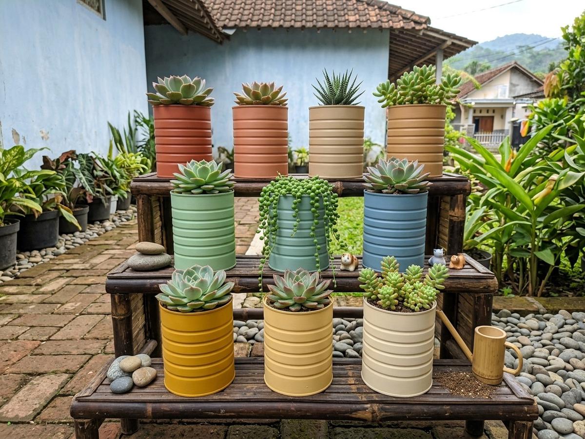 Ide Kaleng Susu Bekas Jadi Pot Tanaman Hias Model Kombinasi Warna untuk Sukulen