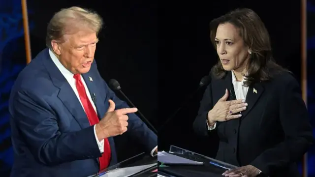 Kamala Harris menyerang Donald Trump terkait isu tarif pajak dalam debat pilpres AS 2024. Adu argumen lantas terjadi (AFP).