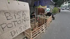 Suasana pedagang ayam di kawasan jalan raya Bogor KM 32, Depok, Selasa (12/6). Menjelang perayaan Idul Fitri 1439 H, para pedagang ayam dan entok mulai memadati pinggir jalan raya Bogor KM 32. (Liputan6.com/Herman Zakharia)
