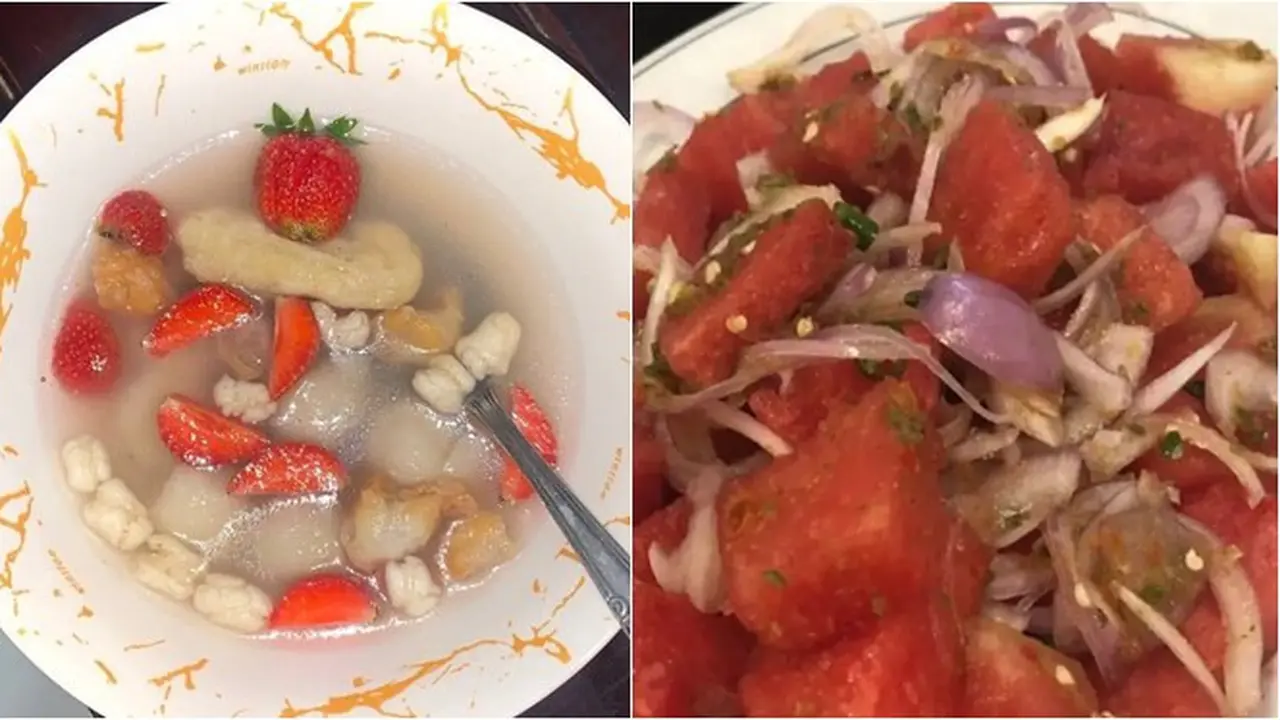 10 Potret Nyeleneh Makanan Dicampur Buah Ini Bikin Geleng Kepala, Tertarik Coba?