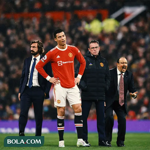 Ilustrasi - Cristiano Ronaldo lesu dikelilingi, Andrea Pirlo, Ralf Rangnick, dan Rafael Benitez