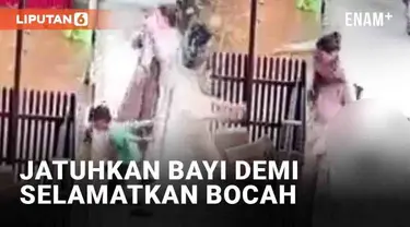 CCTV merekam momen naluri keibuan yang tengah diuji. Ia yang tengah menggendong bayi dikejutkan dengan bocah yang tiba-tiba nyemplung ke sungai. Tak diduga, ibu itu melepaskan sang bayi ke tanah dan nyemplung demi selamatkan bocah.