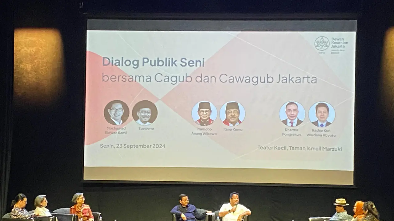Pasangan calon gubernur dan wakil gubernur Jakarta, Pramono Anung dan Rano Karno saat menghadiri Dialog Publik Seni di Taman Ismail Marzuki (TIM), Jakarta, pada Senin (23/9/2024)