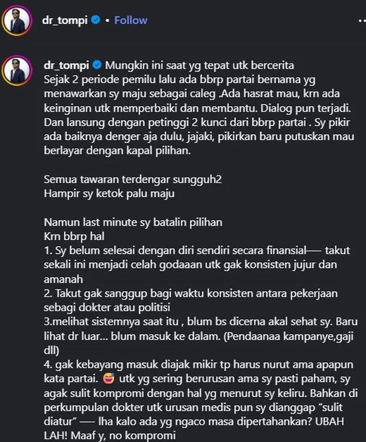 6 Alasan Tompi Batal Nyaleg dan Masuk Parpol, Termasuk Emoh Disetir untuk Nurut Kata Partai