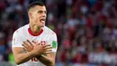 Pemain Swiss, Granit Xhaka merayakan gol ke gawang Serbia pada laga grup E Piala Dunia 2018 di Stadion Kaliningrad, Jumat (22/6). Xhaka merayakan gol dengan gerakan tangan seperti lambang burung di bendera Albania. (Laurent Gillieron/Keystone via AP)