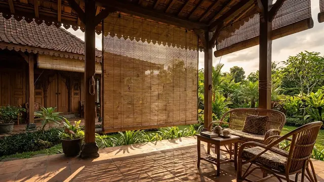 Desain Teras dengan Tirai Krey Bambu