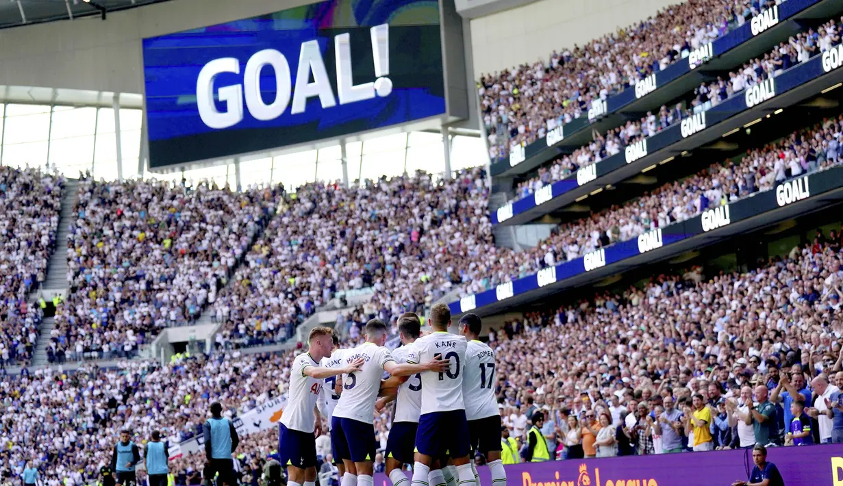 Tottenham Hotspur meraih kemenangan telak saat menjamu Southampton pada laga pekan pertama Liga Inggris 2022/2023. (Kirsty O'Connor/PA via AP)