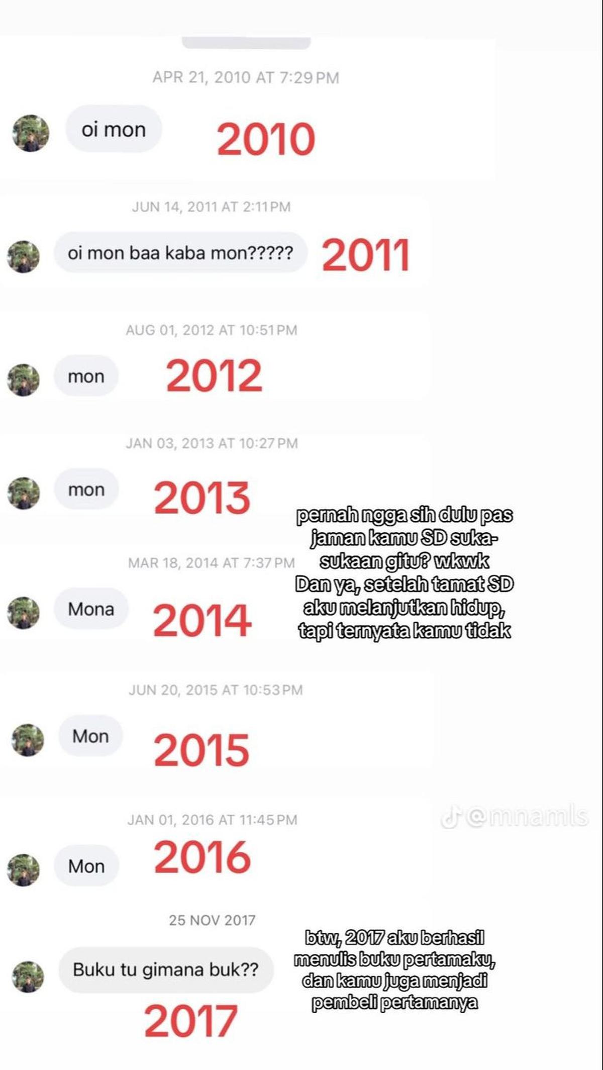 Sebelumnya, teman SDnya ini selalu mengirim pesan di media sosial secara rutin setiap tahunnya. Rupanya, saat SD keduanya pernah saling suka, namun setelah lulus ia melupakan hal itu dan melanjutkan hidupnya, sementara pria ini tidak.