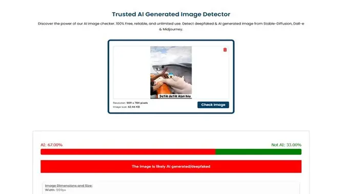 <p>Gambar tangkapan layar penelusuran foto menggunakan website aidetectcontent.com.</p>