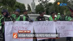 Pengemudi ojek daring di Surabaya dan Jakarta demo tuntut Prabowo Subianto minta maaf terkait pernyataannya di Indonesia Economic Forum 2018 yang menganggap ojek jadi pekerjaan rendahan.