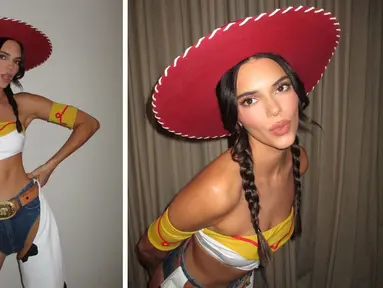 Foto kolase model Kendall Jenner saat berkostum koboi ala Jessie Toy Story saat pesta Halloweeen. Penampilan Supermodel tersebut sebagai Jessie edisi Halloween mengundang berbagai pendapat. (Instagram/Kendalljenner)