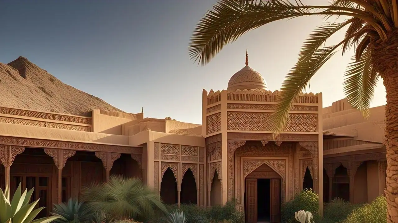 Desain rumah arab dengan halaman luas penuh dengan tanaman hijau. (Foto: Meta AI)
