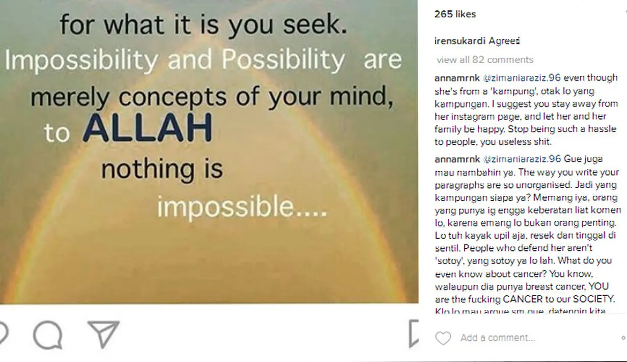 Foto ini menjadi unggahan terakhir Renita di akun Instagramnya. "Tetap berdoa untuk apa yang sedang kamu impikan. Kemungkinan dan Ketidakmungkinan hanya ada dalam pikiranmu, untuk Allah tidak ada yang tidak mungkin," kenang Renita. (Instagram/irensukardi)