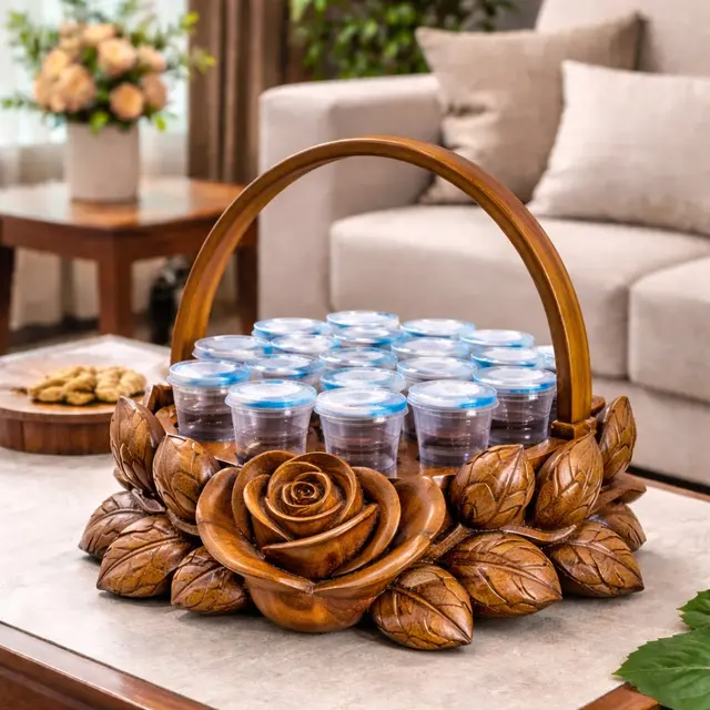 Model Tempat Air Mineral Gelas dari Kayu (ChatGPT)
