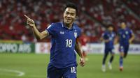 Timnas Indonesia langsung tertekan oleh Thailand di awal laga. Baru dua menit, Thailand berhasil unggul 1-0 melalui kapten tim Chanathip Songkrasin memanfaatkan umpan Phillip Roller di sektor kiri pertahanan Indonesia. (AP/Suhaimi Abdullah)