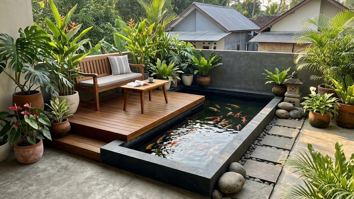 7 Inspirasi Kolam Ikan Mini di Halaman Rumah yang Sekaligus Jadi Penyiram Tanaman Alami