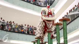 Pengunjung melihat aksi Barongsai Tonggak di Lippo Mall Puri, Jakarta Barat, (21/01). Kegiatan yang digelar Sabtu dan Minggu berlangsung hingga 5 Februari. (Liputan6.com/Fery Pradolo)