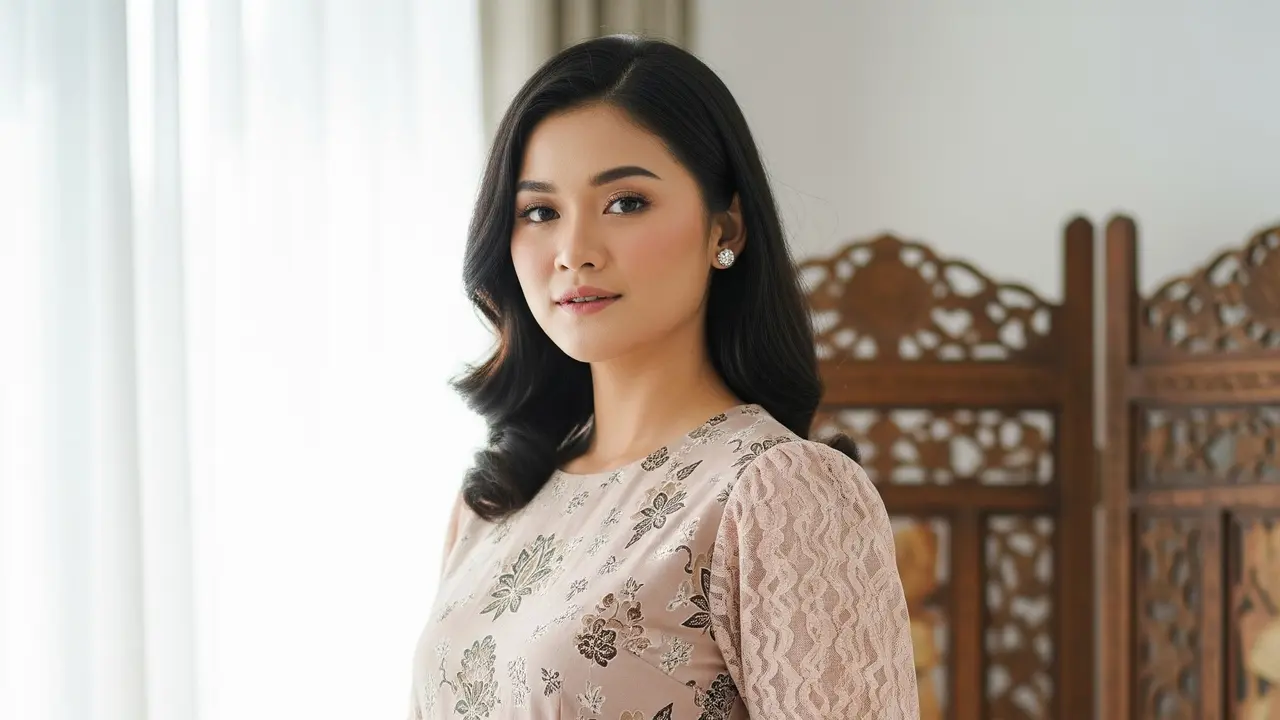 Tunik Batik Lengan Puff Warna Nude Detail Renda Brokat